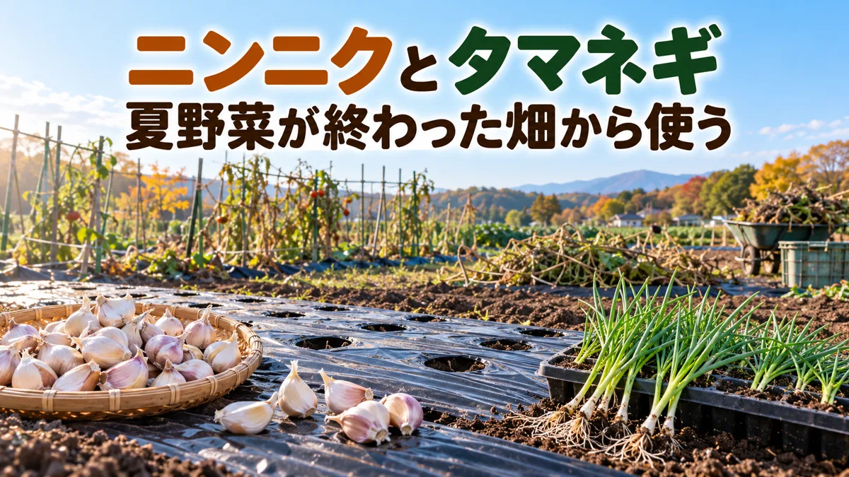 黒マルチの畝に並ぶニンニクの種球とタマネギの苗